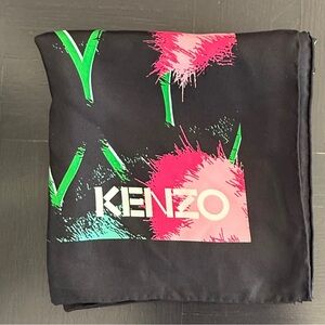 Kenzo + H&M Black 100% Silk Scarf with Vibrant Pink and Green Accents